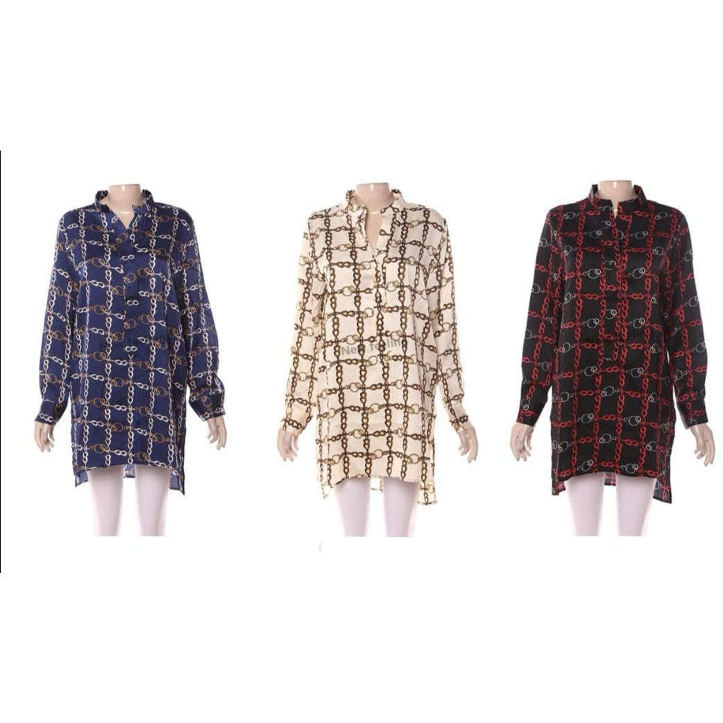 Chain print stand long shirt blouse - NAVY BLUE / L