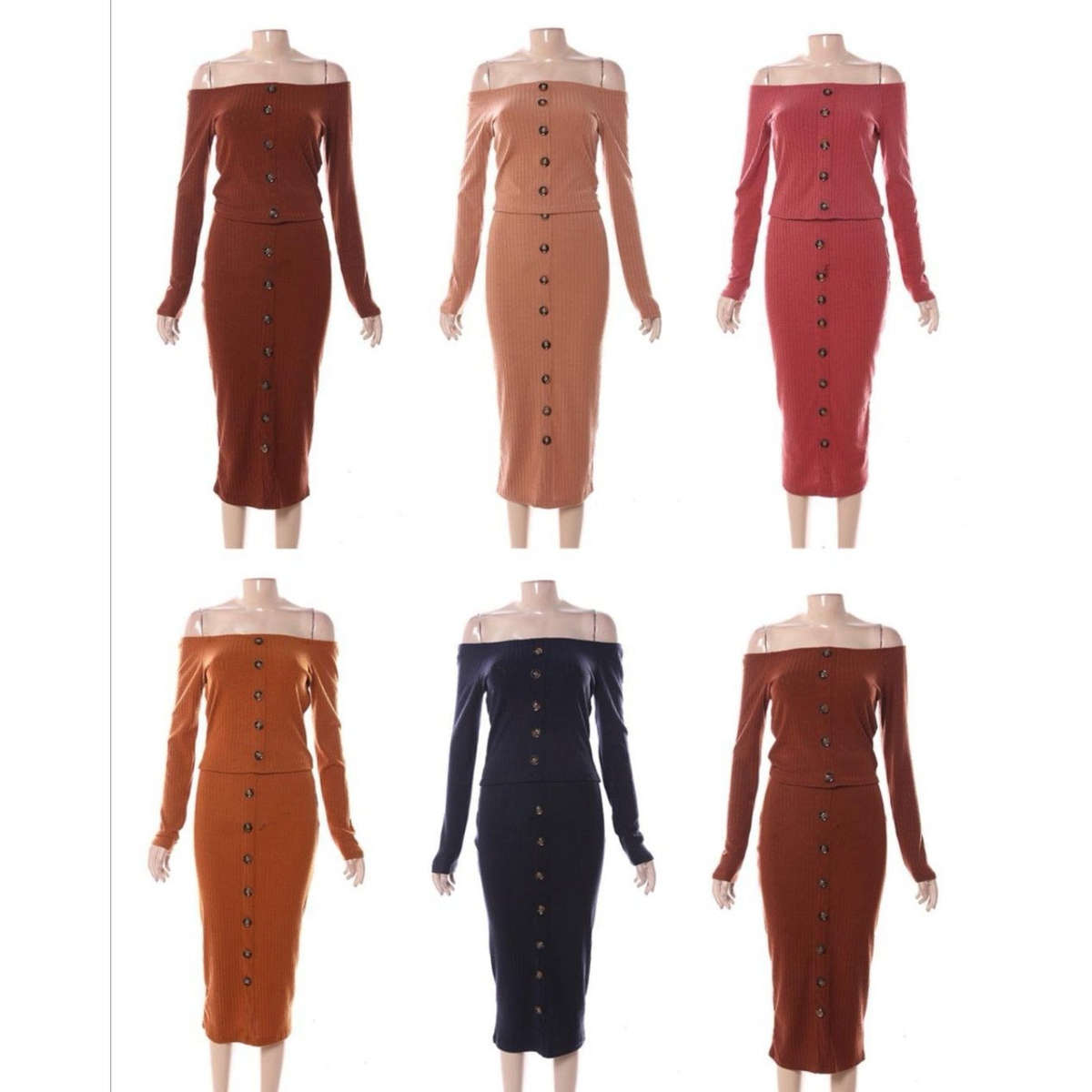 Off Shoulder Button Detail Sweter Set - PINK / S