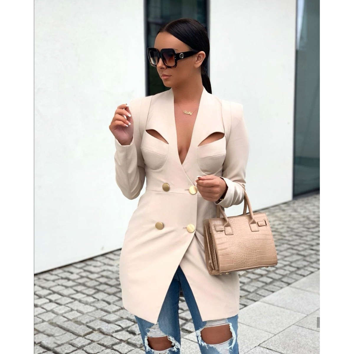 Double Breasted Long Blazer - WHITE / M