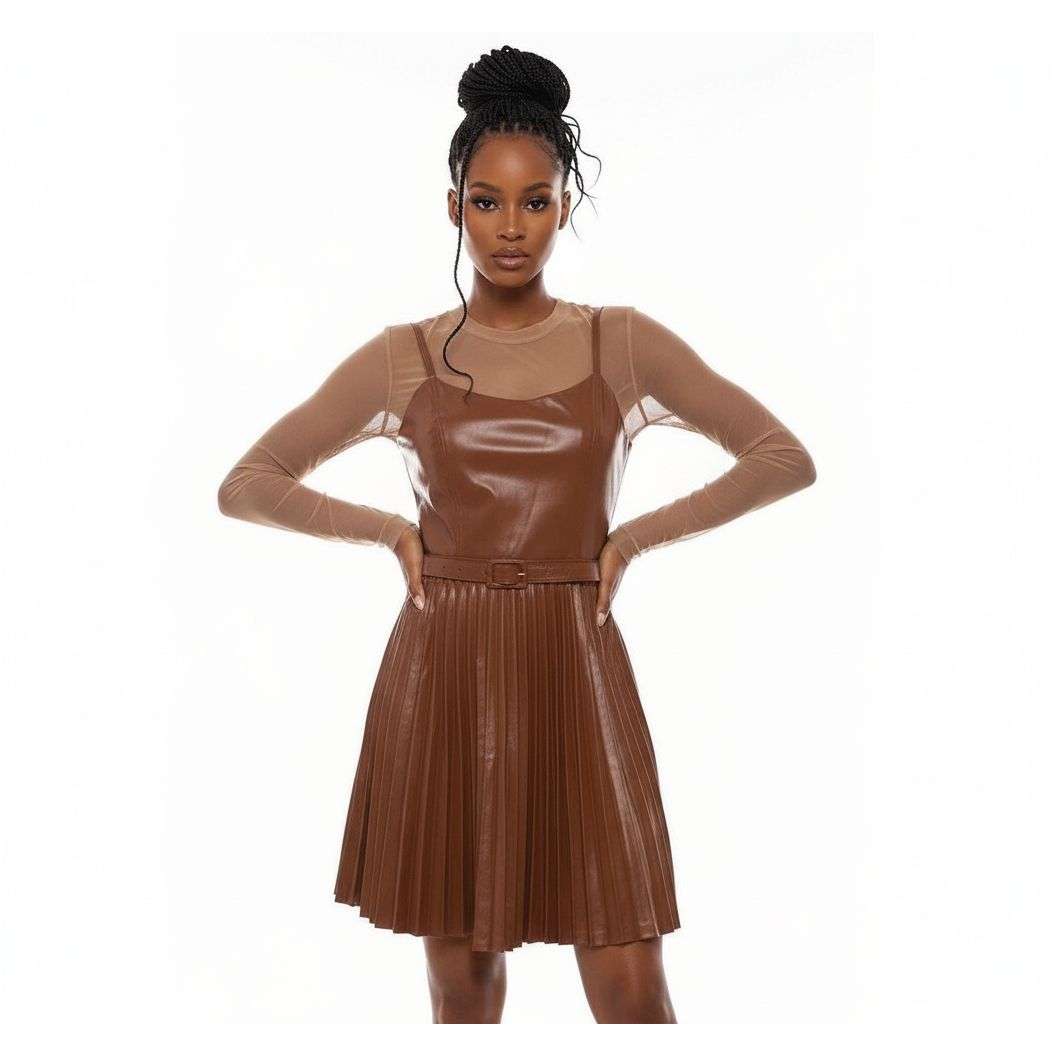 Faux Pleated Dress - BEIGE / XXL