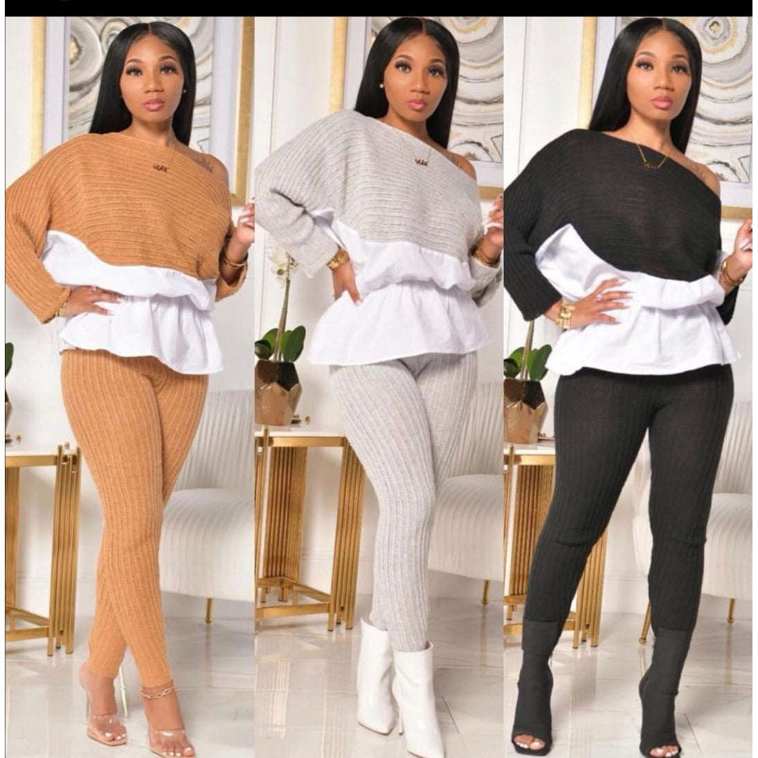 Long Sleeve Knited Set - CAMEL / XL
