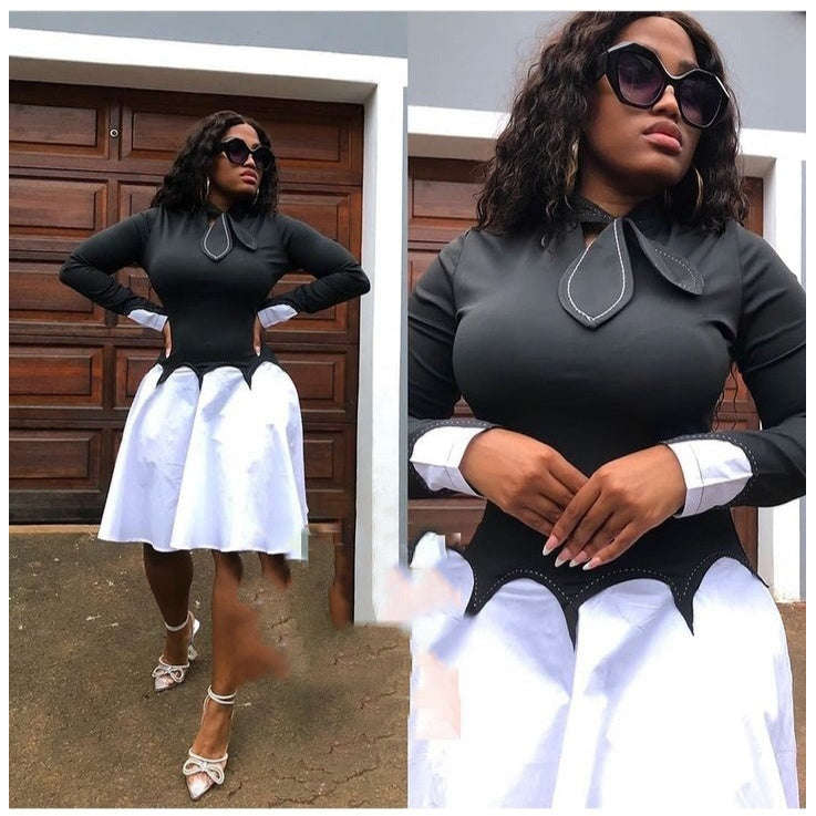 Long Sleeve Vintage Mini Dress - BLACK-WHITE / XL