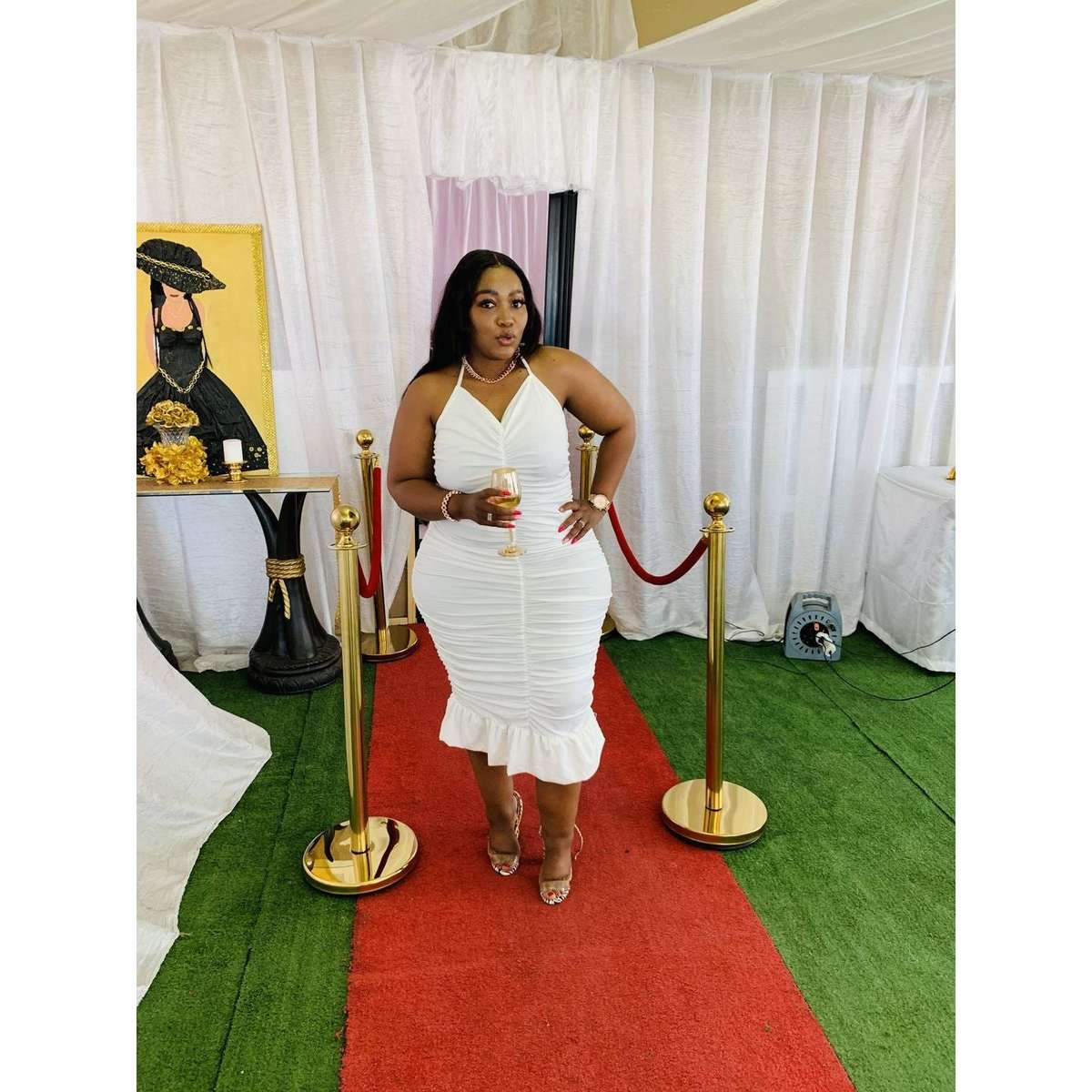 Halter Ruffle Party Midi Dress - WHITE / M