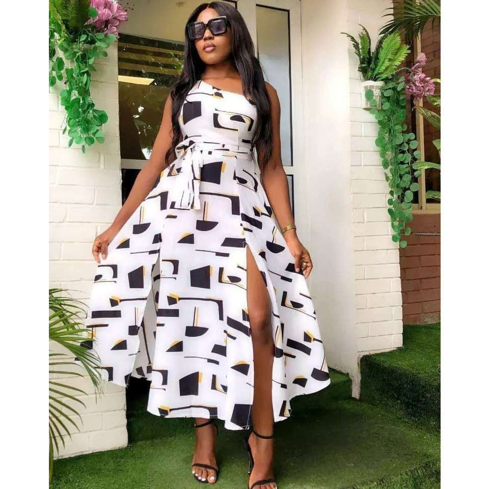 One Shoulder Printed Belt Slit Dress - M