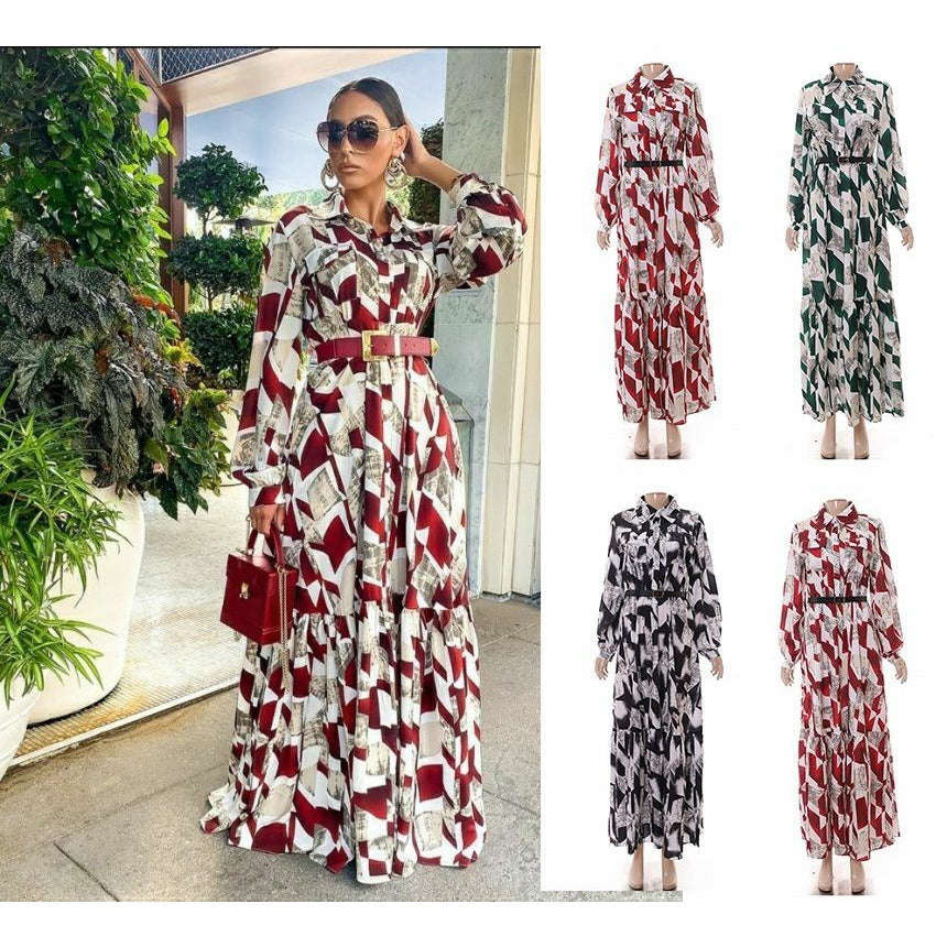 Print Button Detailed Maxi Dress - GREEN / M