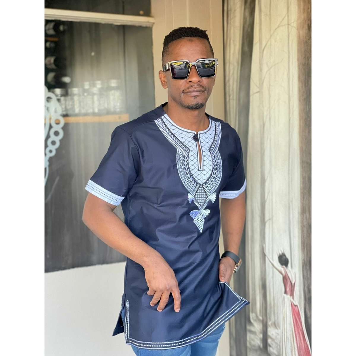 Mens African Vintage Embroidered T-Shirt - BLUE / 3XL