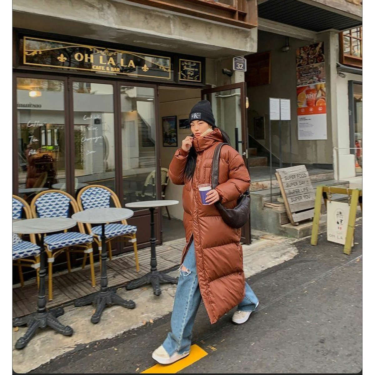 Hooded Long Puffer Jacket - GREEN / M