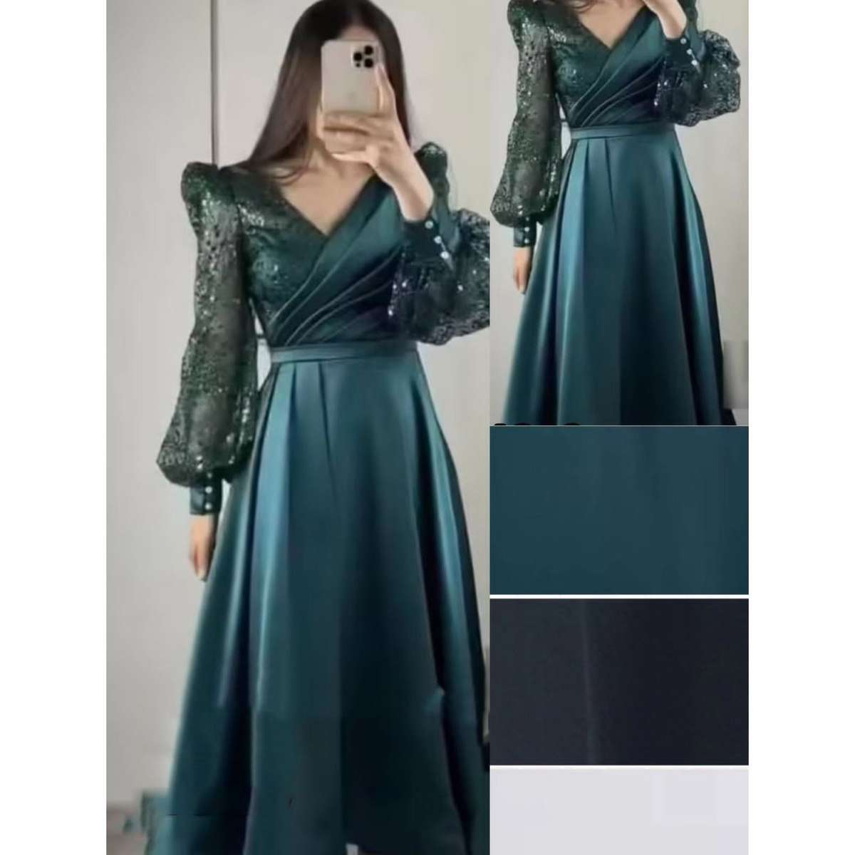 Puffy Sleeves V-Neck Formal Dress - BLACK / XL