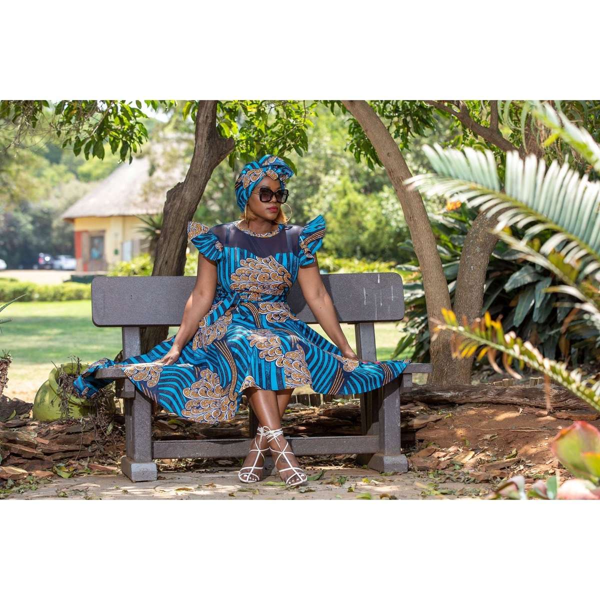 Ankara Short Ruffle Sleeve Print African Dress - BLUE / 34
