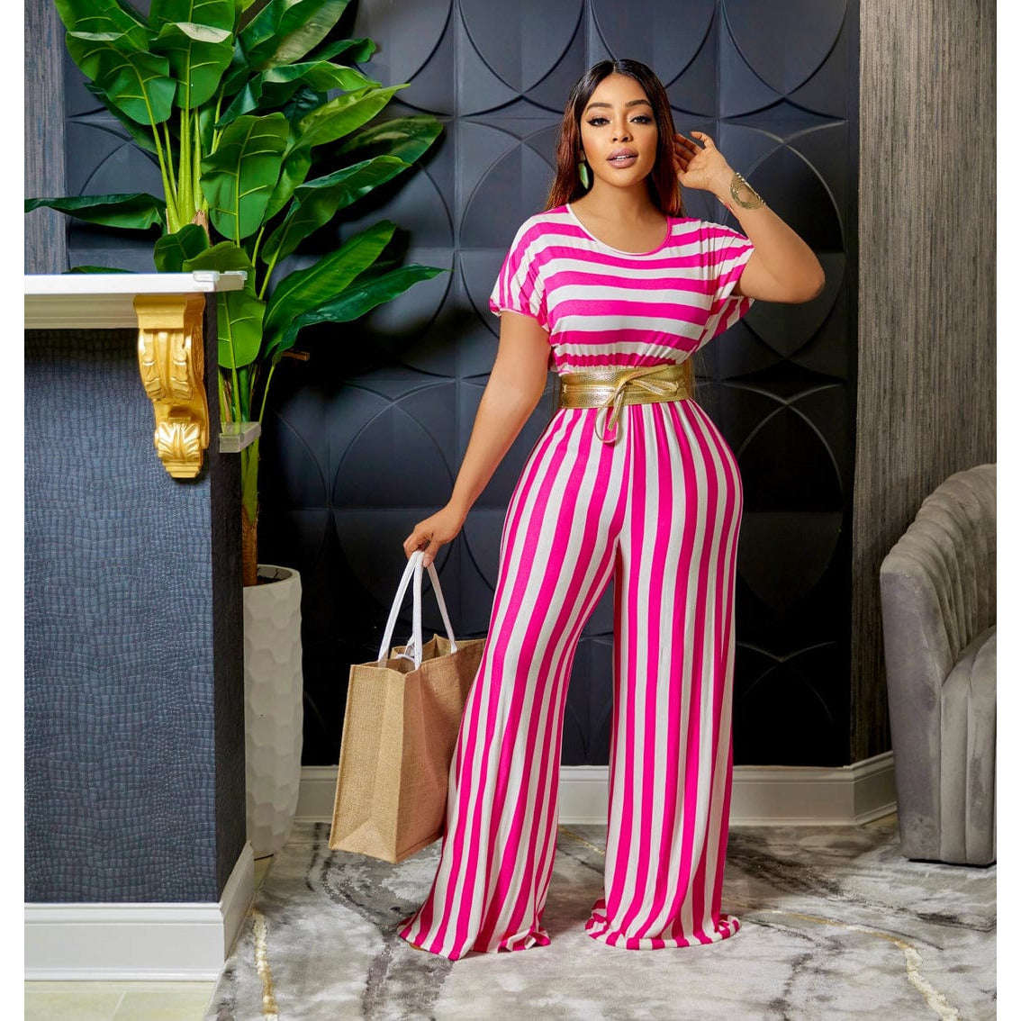 Casual Solid Stripe Color Jumpsuit