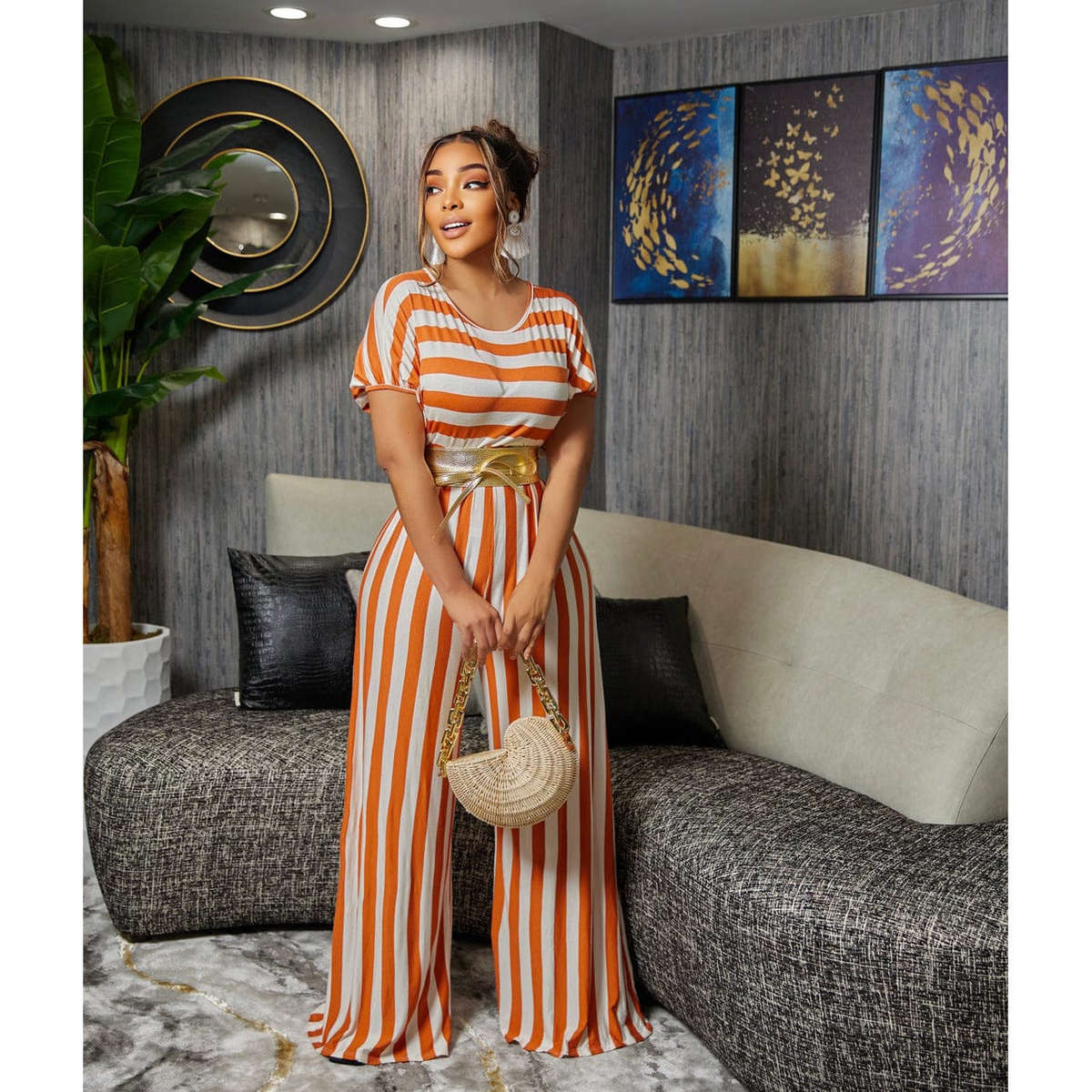 Casual Solid Stripe Color Jumpsuit