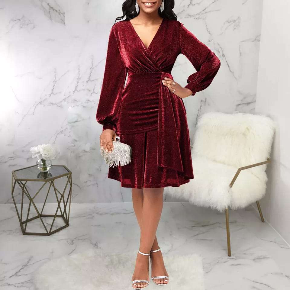 High Waist Elegant Long Sleeve Dress - MAROON / L