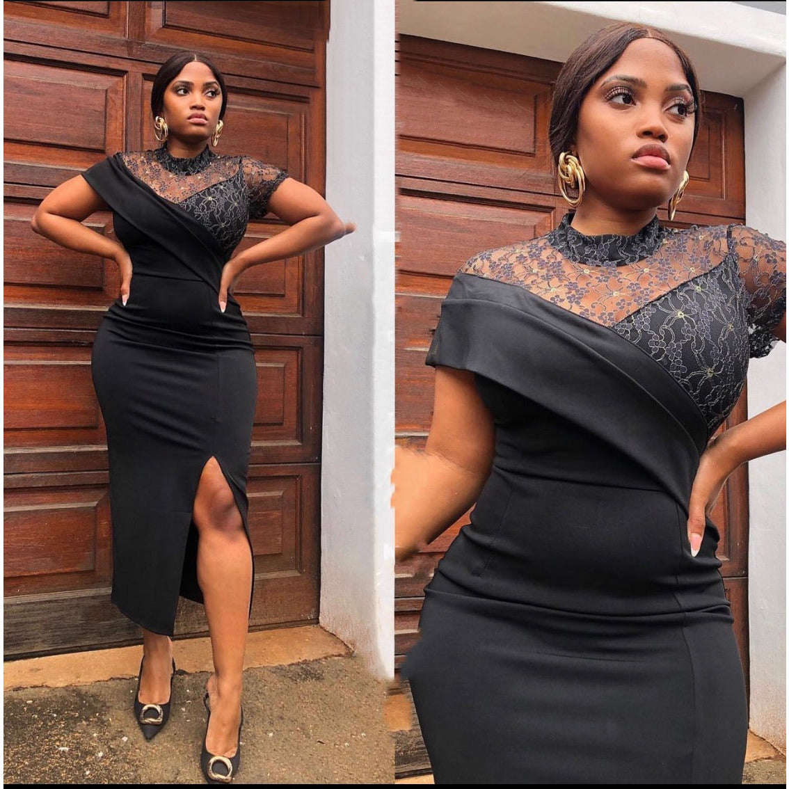 Bodycon Round Lace Neck Split Dress - BLACK / XL