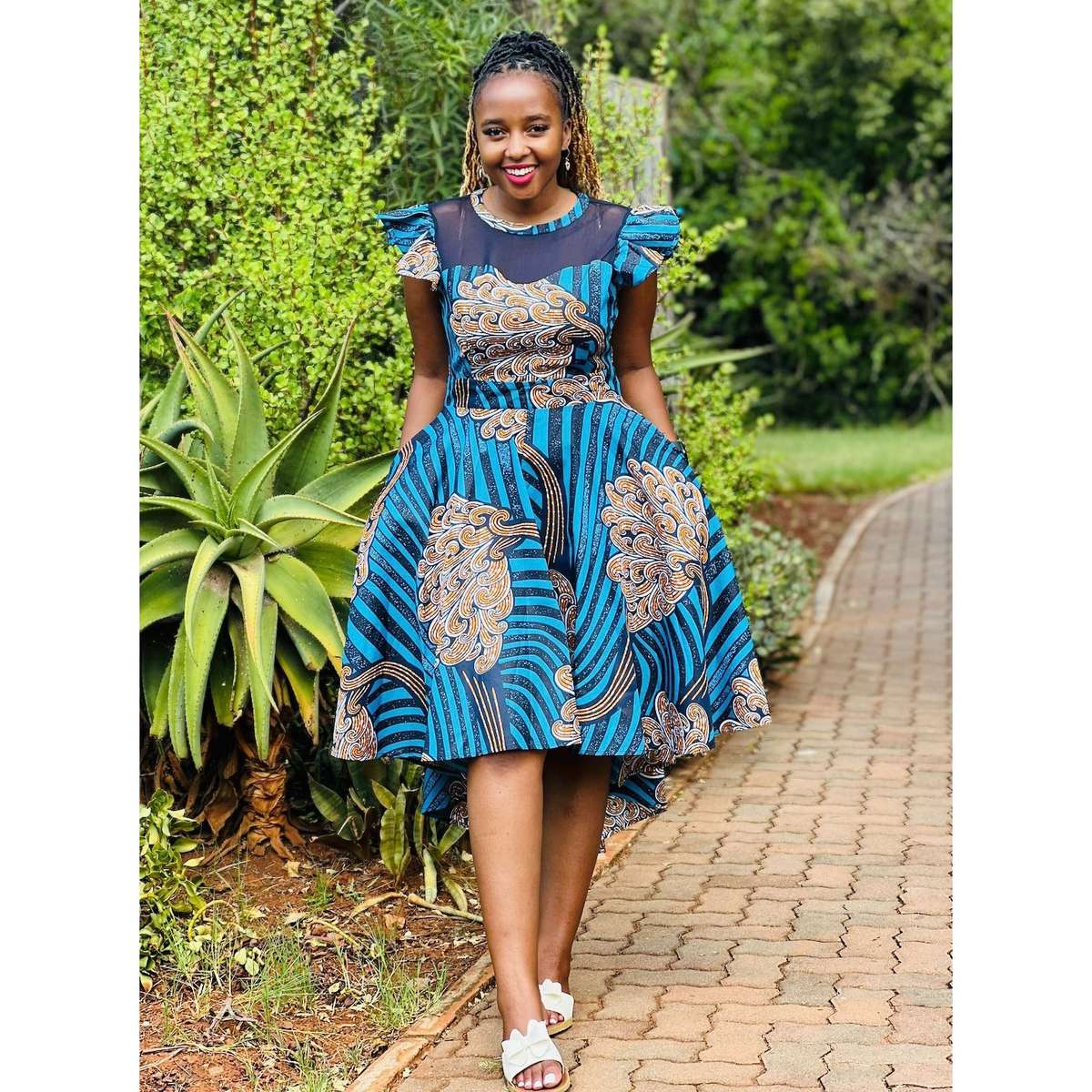 Ankara Short Ruffle Sleeve Print African Dress - BLUE / 34