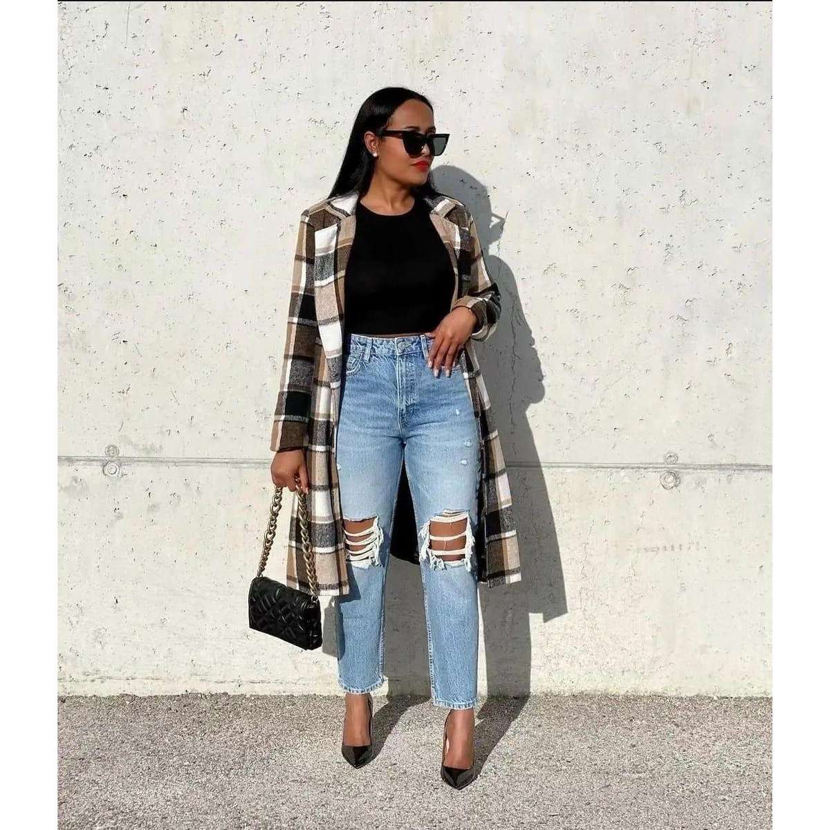 Plus Size Plaid Coat - GREEN / WHITE / M