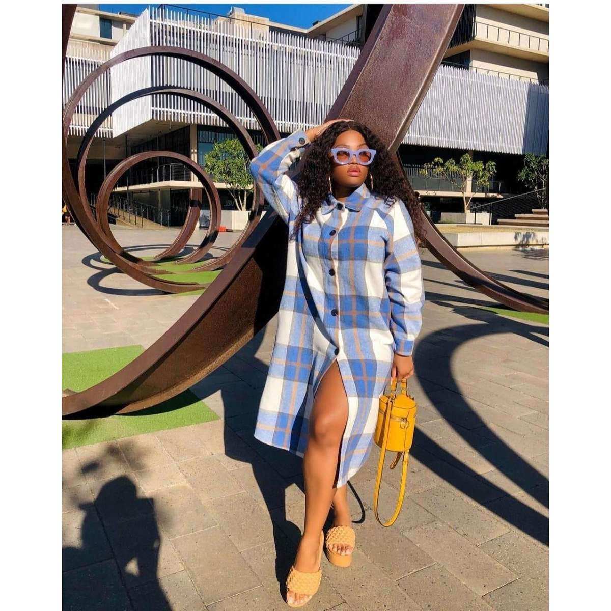 Plus Size Plaid Coat - GREEN / WHITE / M