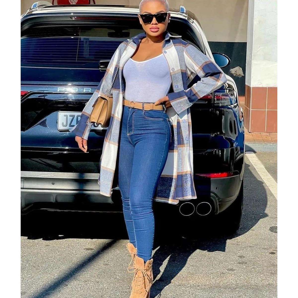 Plus Size Plaid Coat - GREEN / WHITE / M