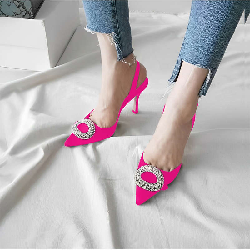 Rounded Rhinestone Short Heel Sandals
