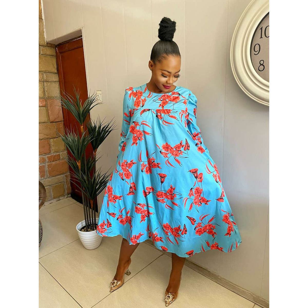 Long Sleeve Floral Bubble Dress - WHITE / 3XL