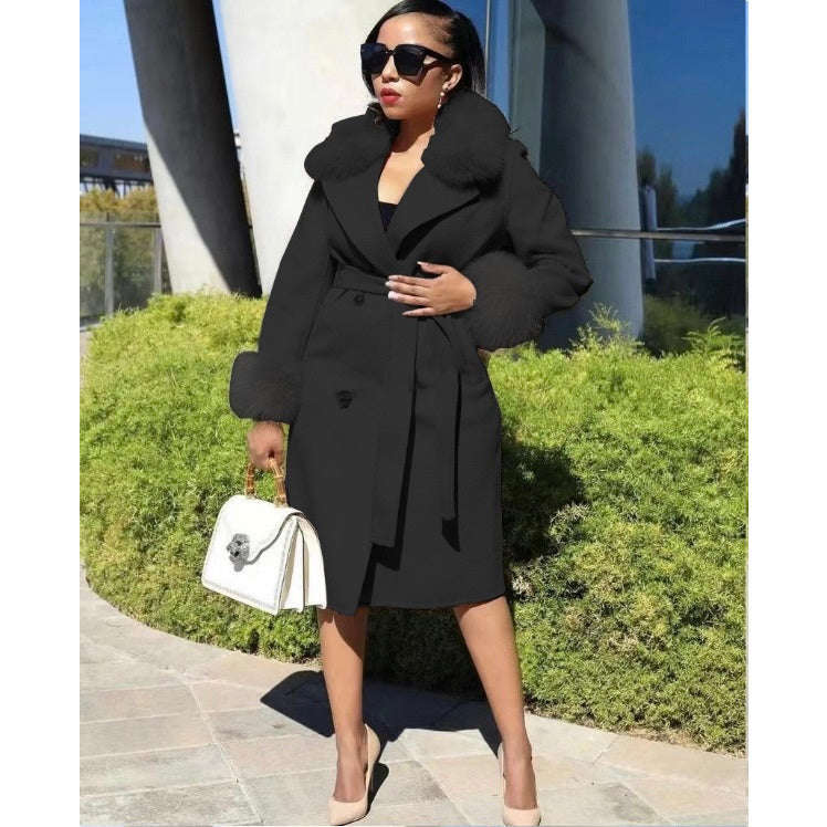 Fur Collar Woolen Long Overcoat - ORANGE / 4XL