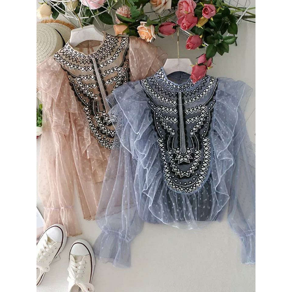 Chic Lace Patchwork Ruffles Blouse - KHAKI / L