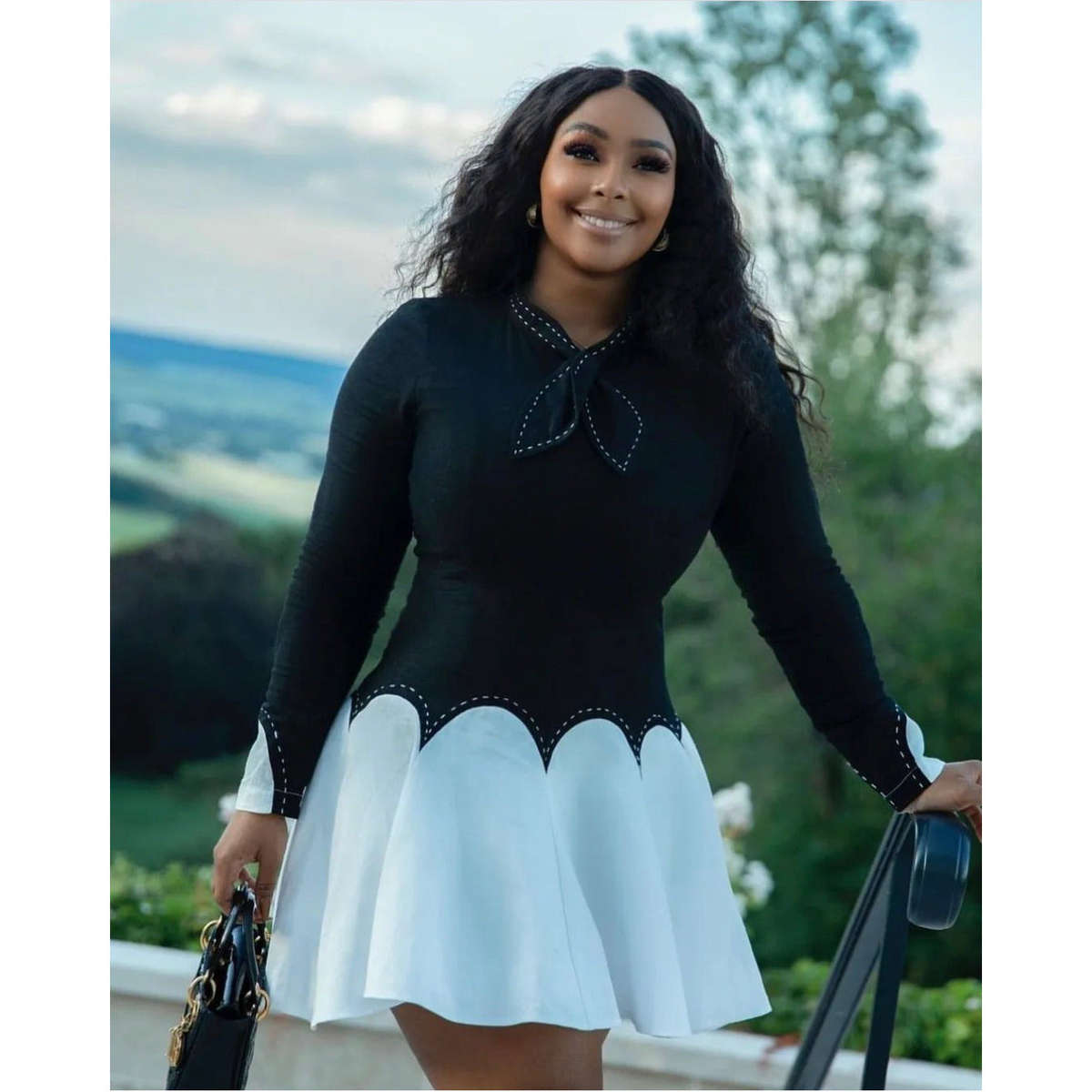 Long Sleeve Vintage Mini Dress - BLACK-WHITE / XL