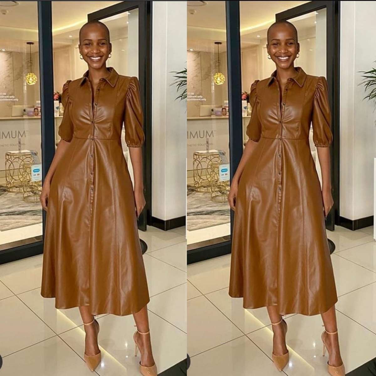 Button Up Faux Lather Vintage Dress - BLACK / 34