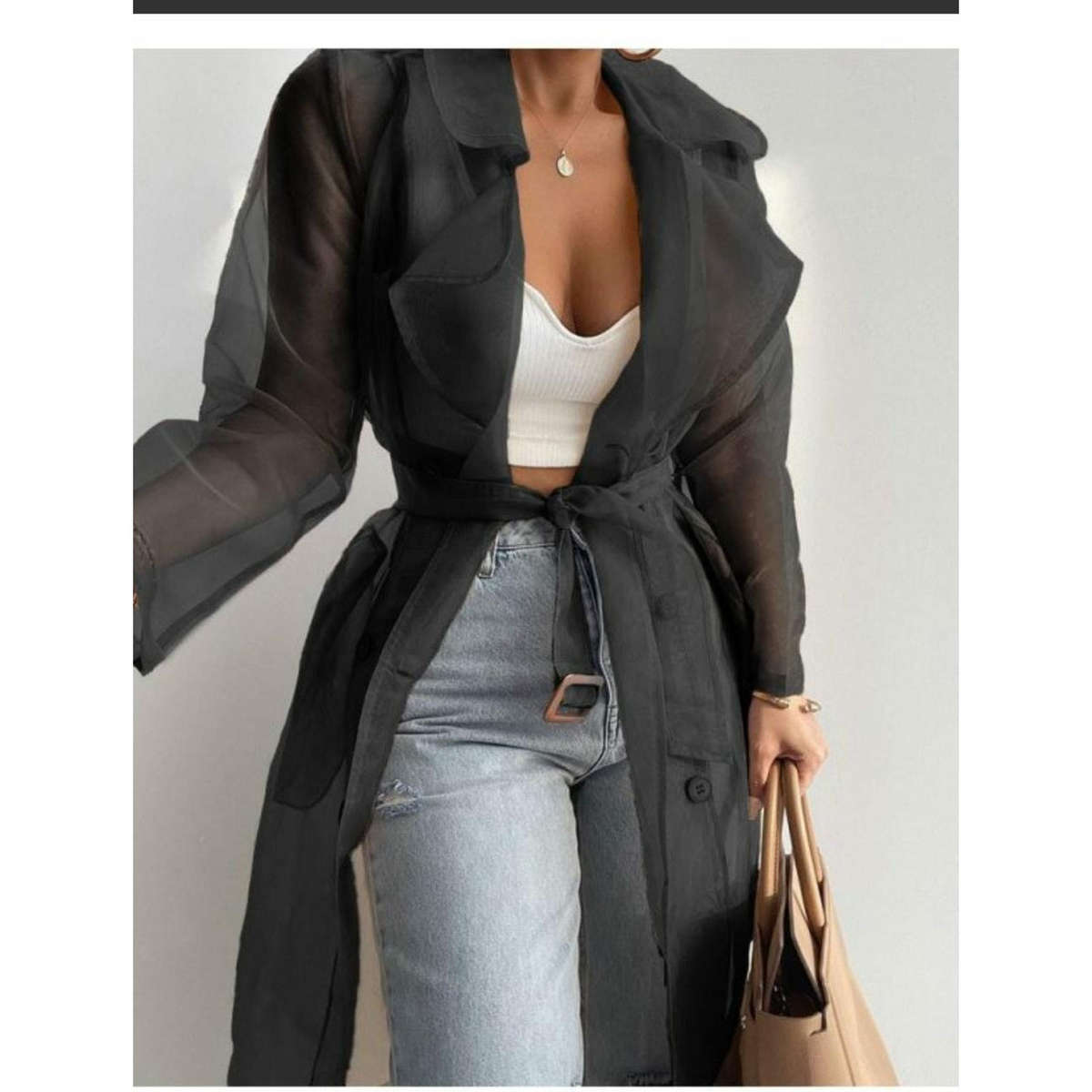 Sheer mesh long sleeve coat