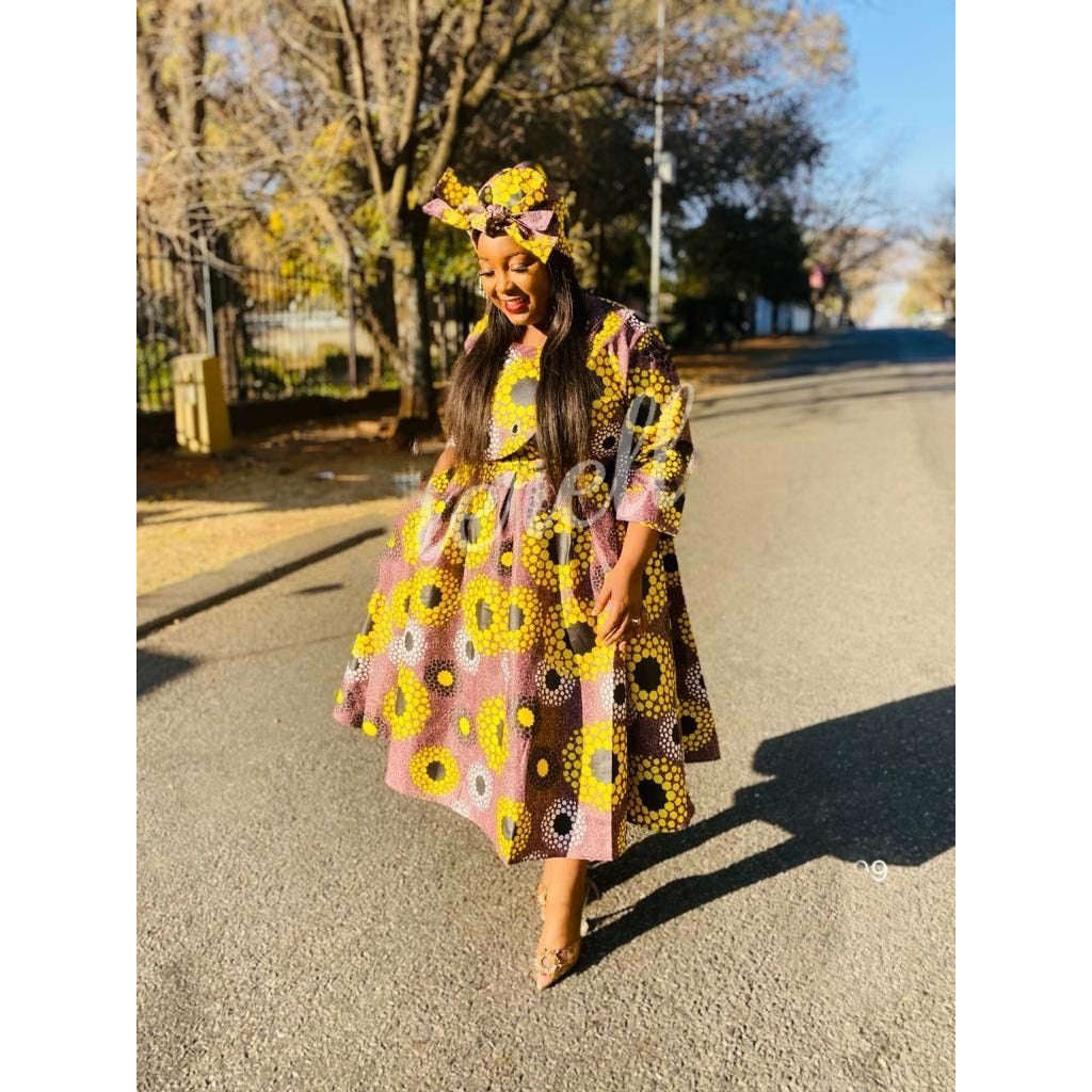 Long Sleeve Plus-Size Ankara Dress - L