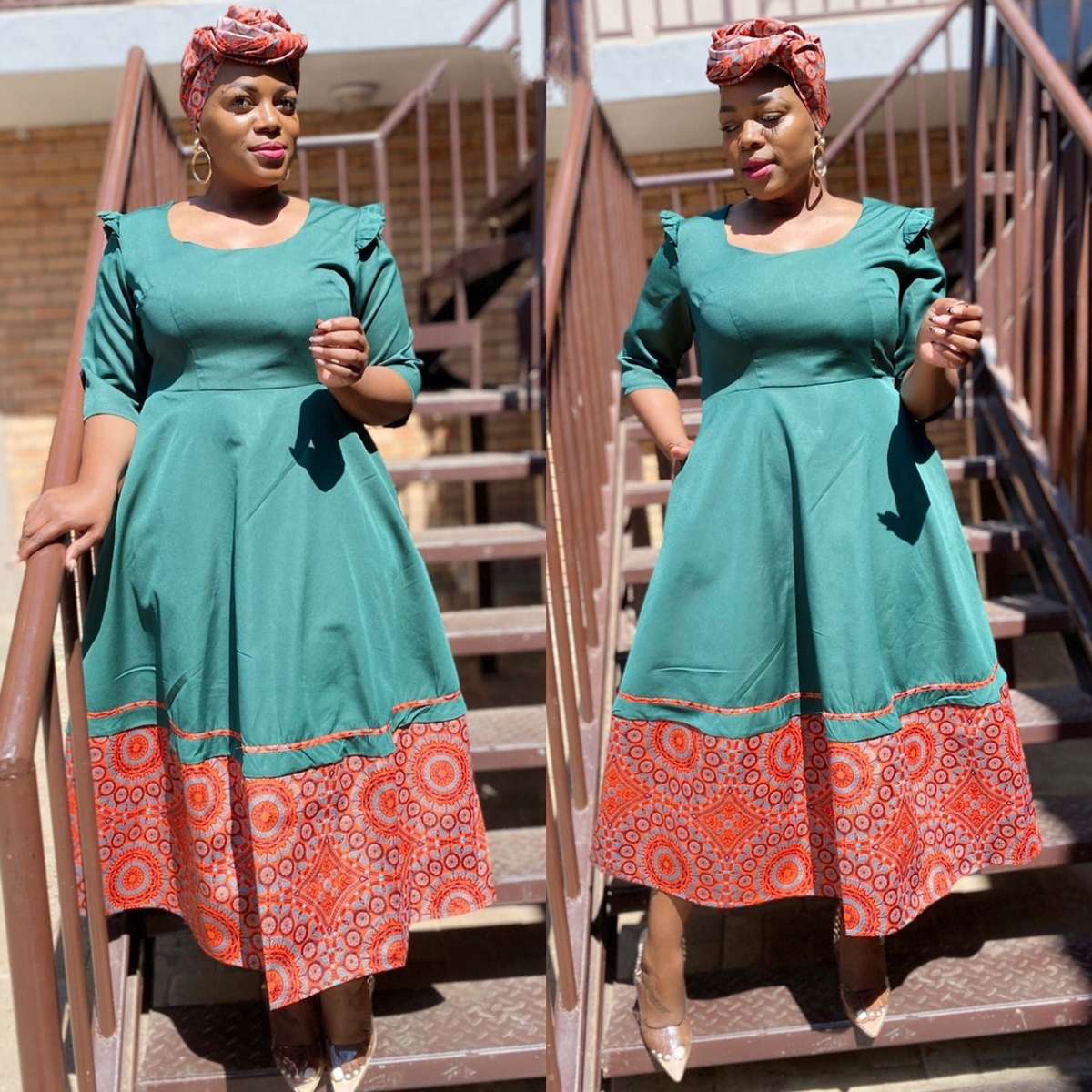 Round Neck 3 Quart Sleeve Ankara Dress - GREEN / 34