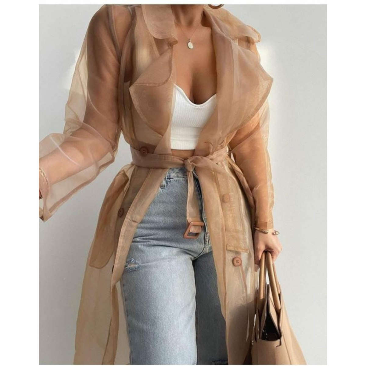Sheer mesh long sleeve coat
