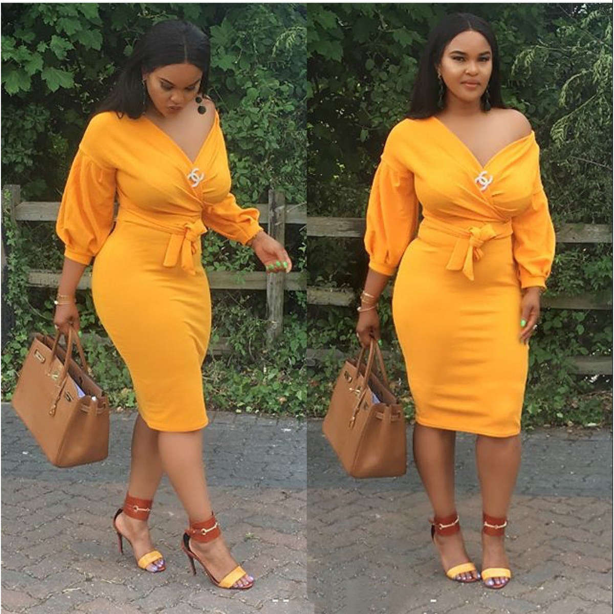 Deep V-Neck Cold Shoulder Bodycon Dress - YELLOW / M