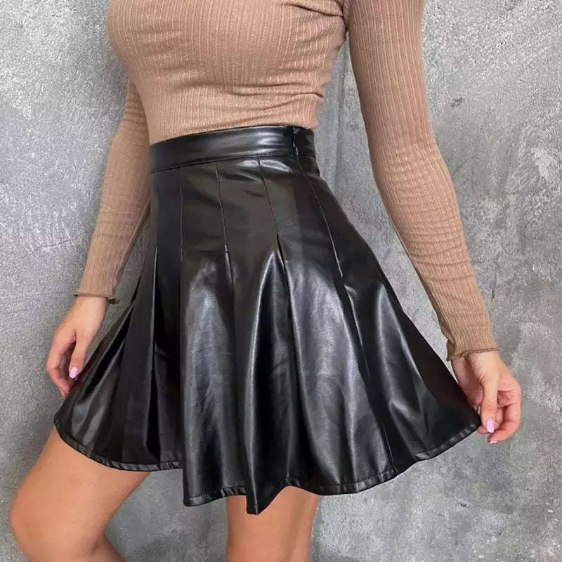 PU Pleated Short Mine Skirt - BLACK / XL
