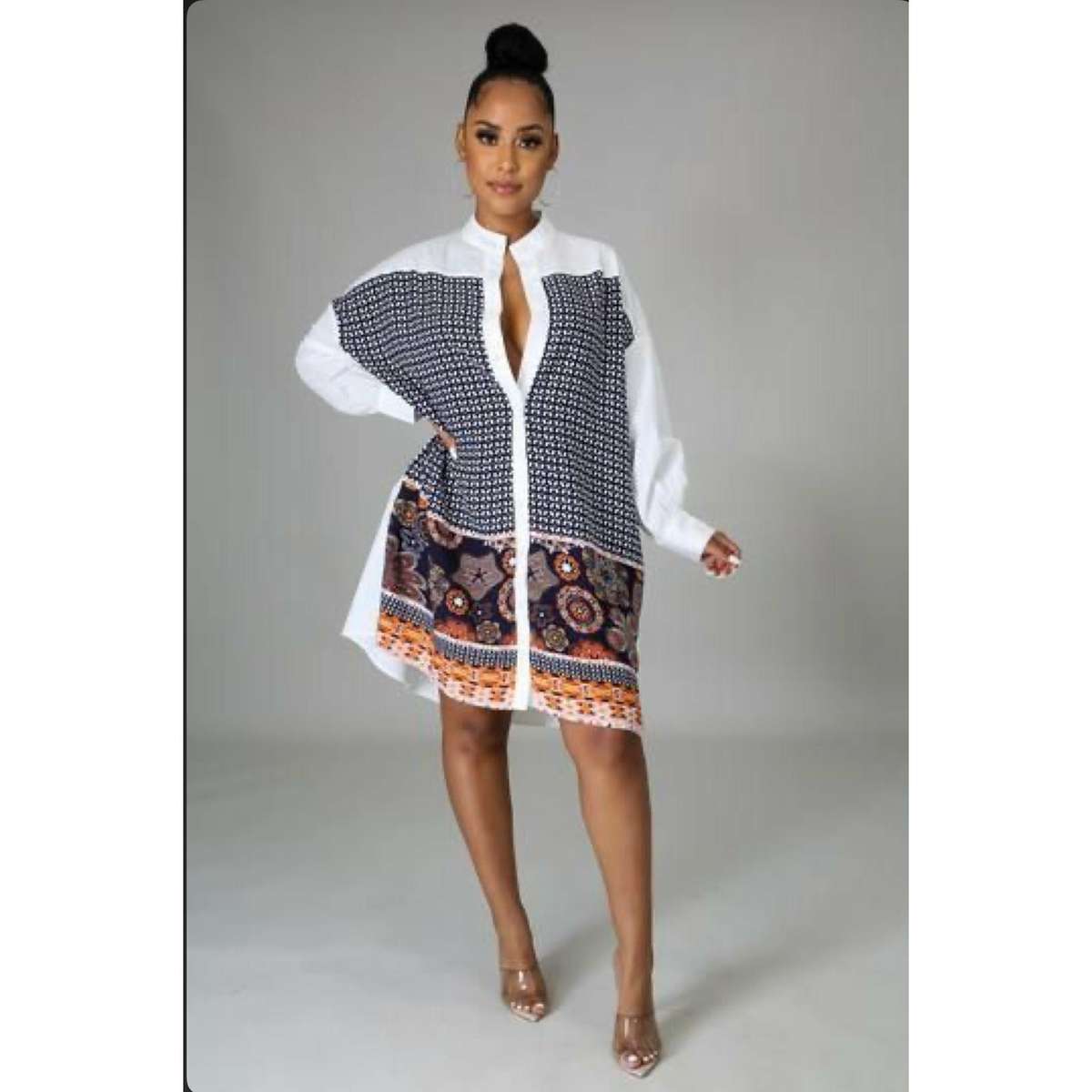 Floral Print Shirt mini Dress - GREEN / XXL