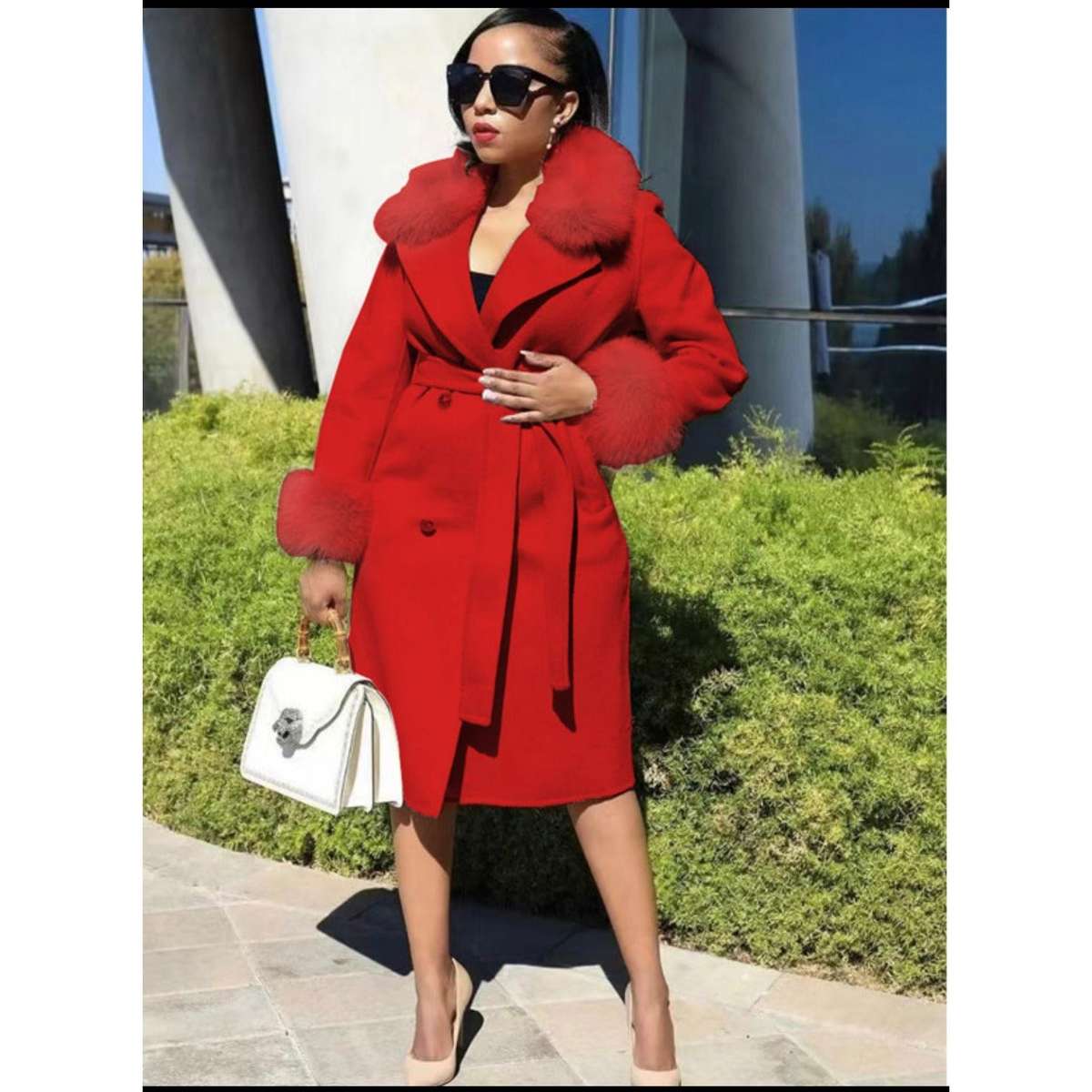 Fur Collar Woolen Long Overcoat - ORANGE / 4XL