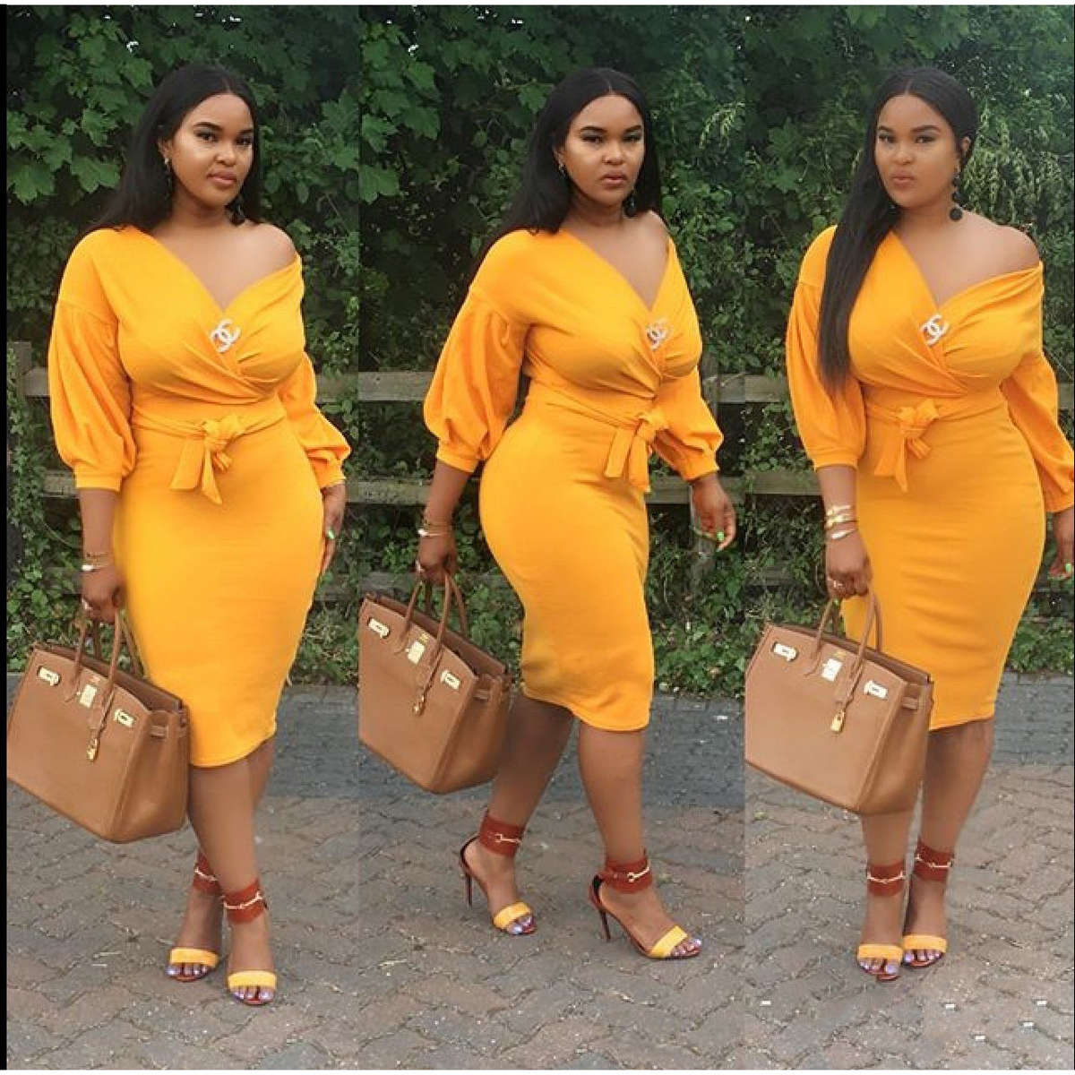 Deep V-Neck Cold Shoulder Bodycon Dress - YELLOW / M