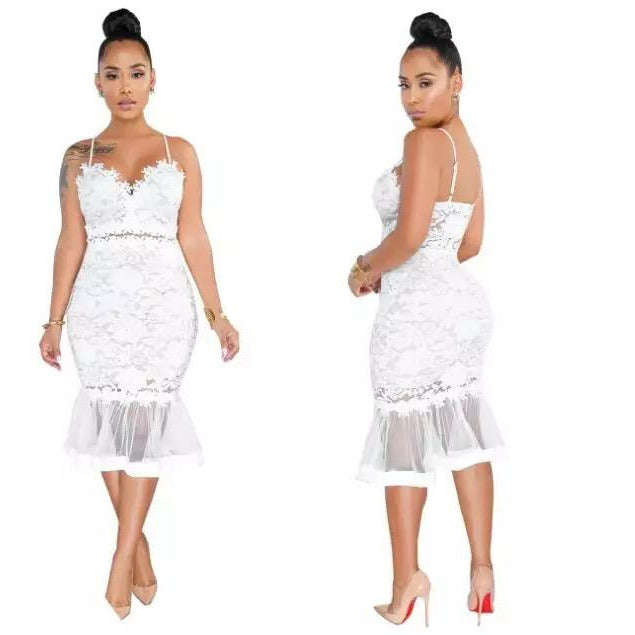 Lace Sexy Mesh V-neck Bodycon Summer Dress - BLACK / XXL