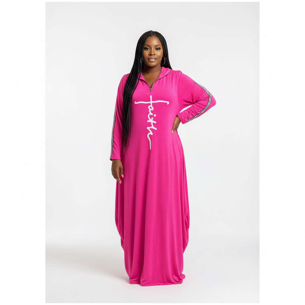 Print Long Sleeve Loose Long Dress - PINK / 3XL