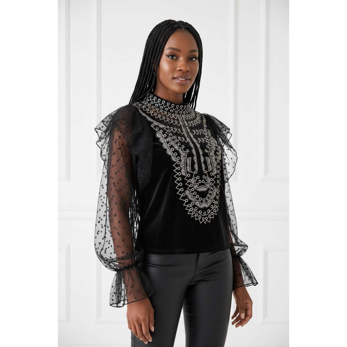 Chic Lace Patchwork Ruffles Blouse - KHAKI / L