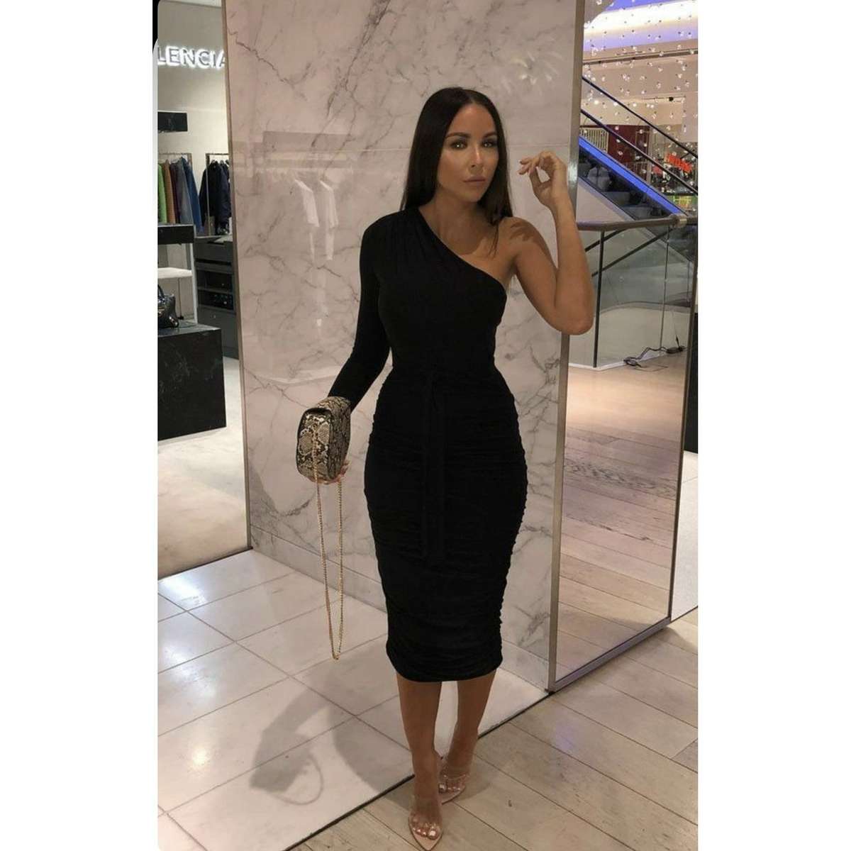 One Shoulder Ruched Bodycon Dress - BLACK / S