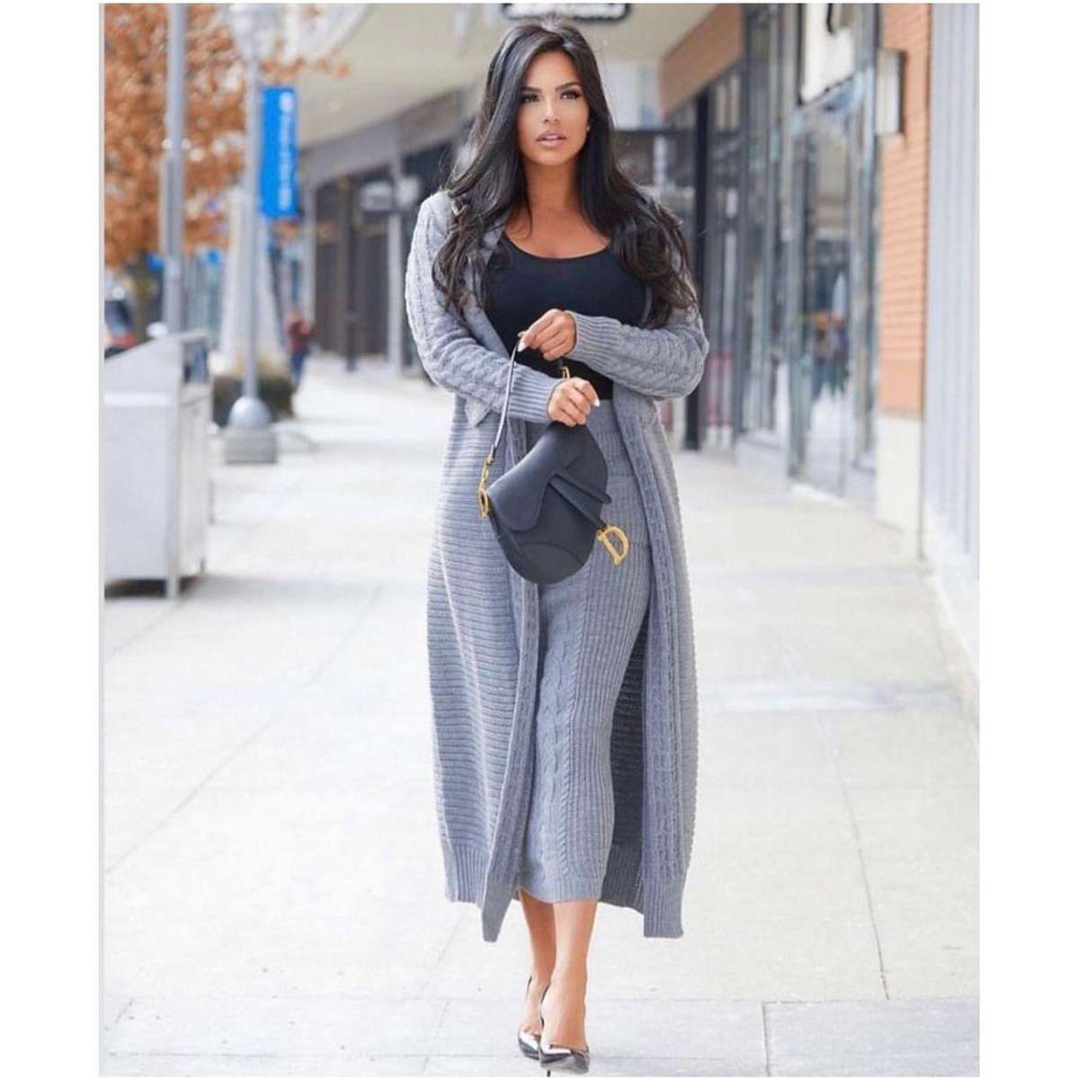 Knitted Sweater Skirt & Long Cardigan Set - BABY BLUE / L/XL