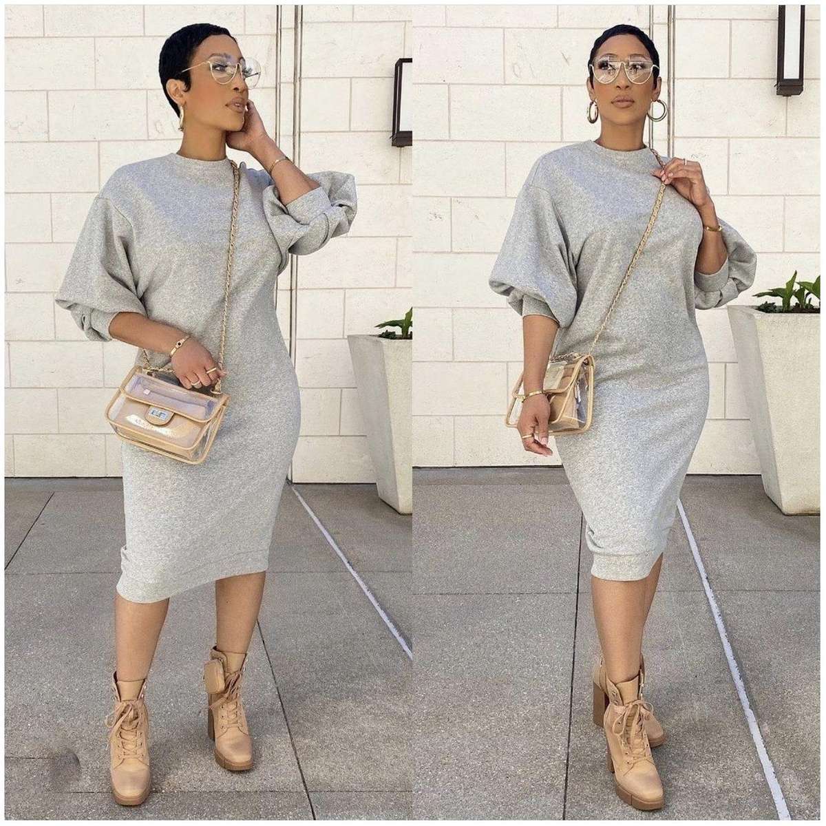 Puff Sleeve Sweater Dress - BLACK / M