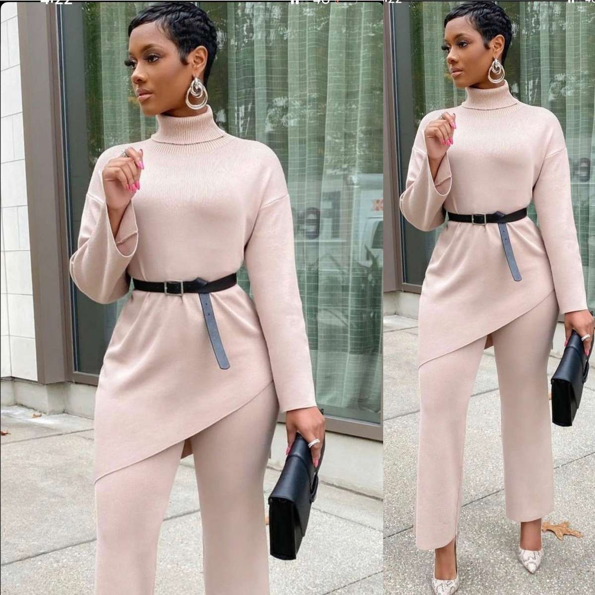 Long Peplum top  & Pants Sweater Set - KHAKI / XXL