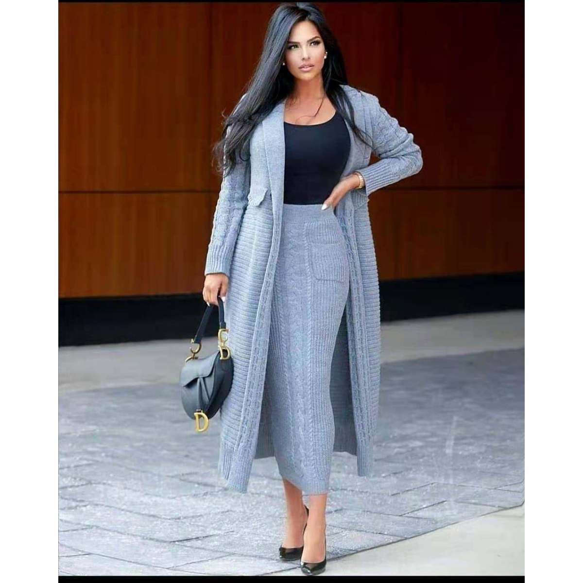 Knitted Sweater Skirt & Long Cardigan Set - BABY BLUE / L/XL