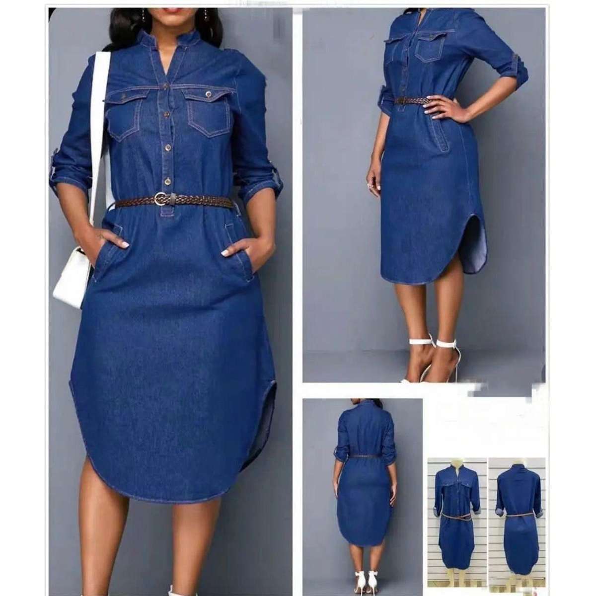 Button Detailed Denim Dress - 5XL