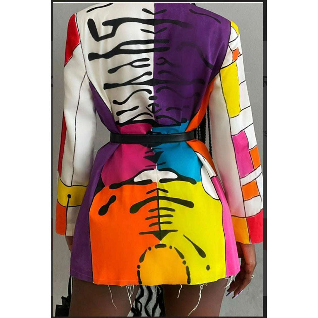 Printed Turn-down Collar Long Blazer - MULTI-COLOR / S