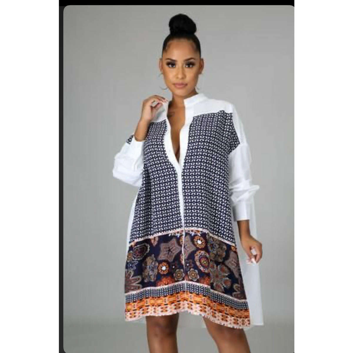 Floral Print Shirt mini Dress - GREEN / XXL