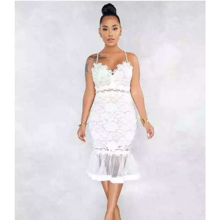 Lace Sexy Mesh V-neck Bodycon Summer Dress - BLACK / XXL