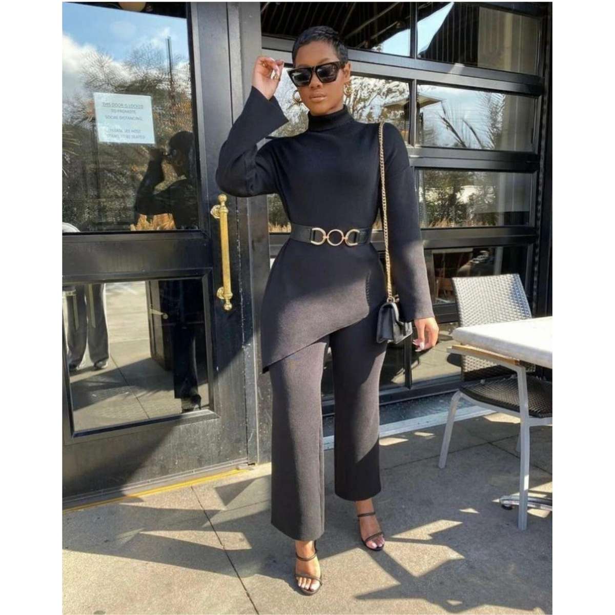 Long Peplum top  & Pants Sweater Set - KHAKI / XXL