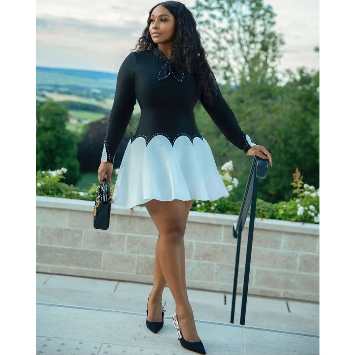 Long Sleeve Vintage Mini Dress - BLACK-WHITE / XL